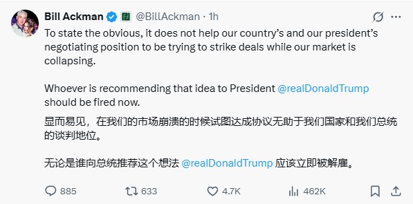 特朗普关税引发市场动荡,Ackman 投资组合年内重挫 15%